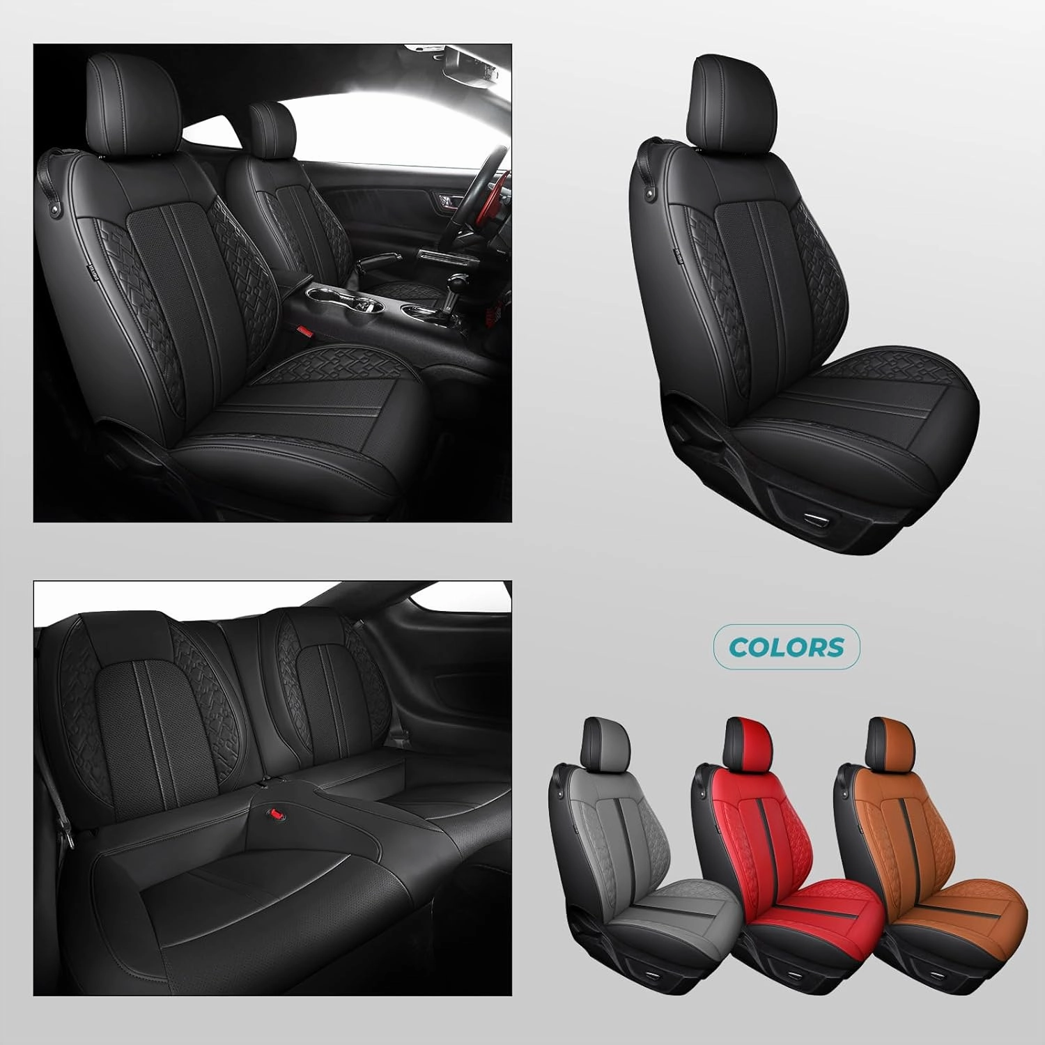 Custom Fit Car Seat Covers for Ford Mustang Fastback/Mach 1/ Coupe (Not for Recaro) 2015 2016 2017 2018 2019 2020 2021 2022 2023, Waterproof Faux Leather Seat Covers Black