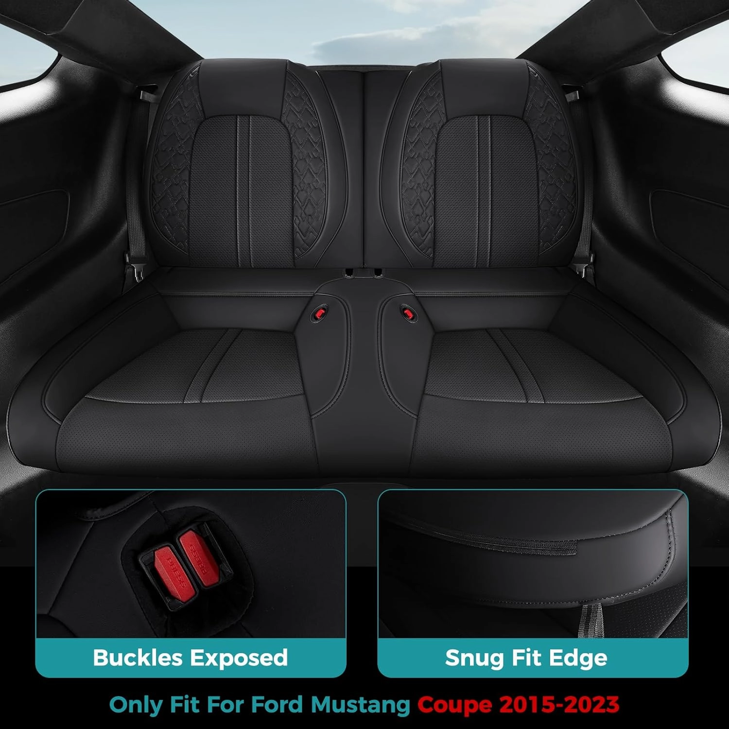 Custom Fit Car Seat Covers for Ford Mustang Fastback/Mach 1/ Coupe (Not for Recaro) 2015 2016 2017 2018 2019 2020 2021 2022 2023, Waterproof Faux Leather Seat Covers Black
