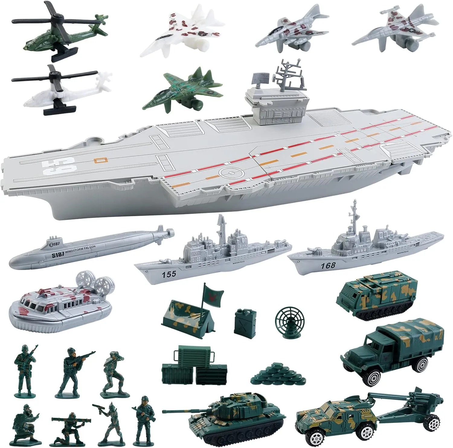 deAO Aircraft Carrier Toy with Scale Model Warplanes Warships Military Vehicles Battleship Helicopter Planes Trucks Tank Army Men Toys for Kids Boys Girls 18 Inches