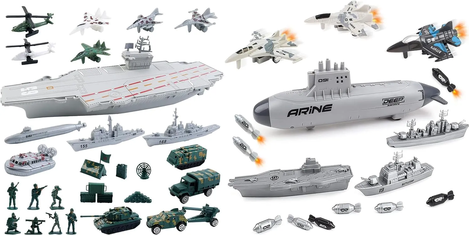 deAO Aircraft Carrier Toy with Scale Model Warplanes Warships Military Vehicles Battleship Helicopter Planes Trucks Tank Army Men Toys for Kids Boys Girls 18 Inches
