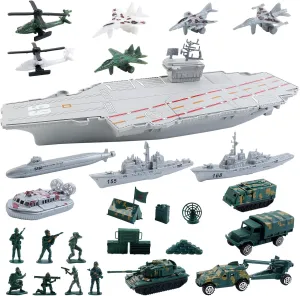 deAO Aircraft Carrier Toy with Scale Model Warplanes Warships Military Vehicles Battleship Helicopter Planes Trucks Tank Army Men Toys for Kids Boys Girls 18 Inches