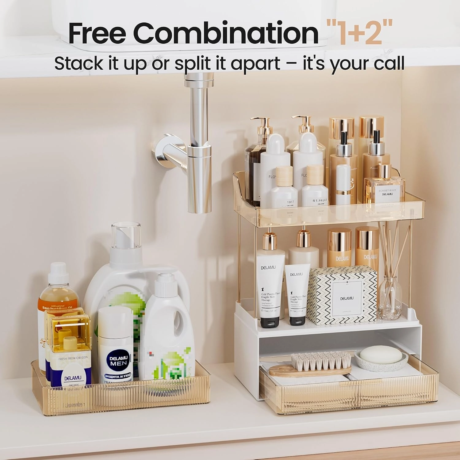 Delamu Bathroom Organizers and Storage, 2-Tier 2-Drawer Makeup Organizer Countertop, Easy to Install, Ideal for Bathroom Storage, Vanity, Large Skincare, Perfume, Present, and More, Amber