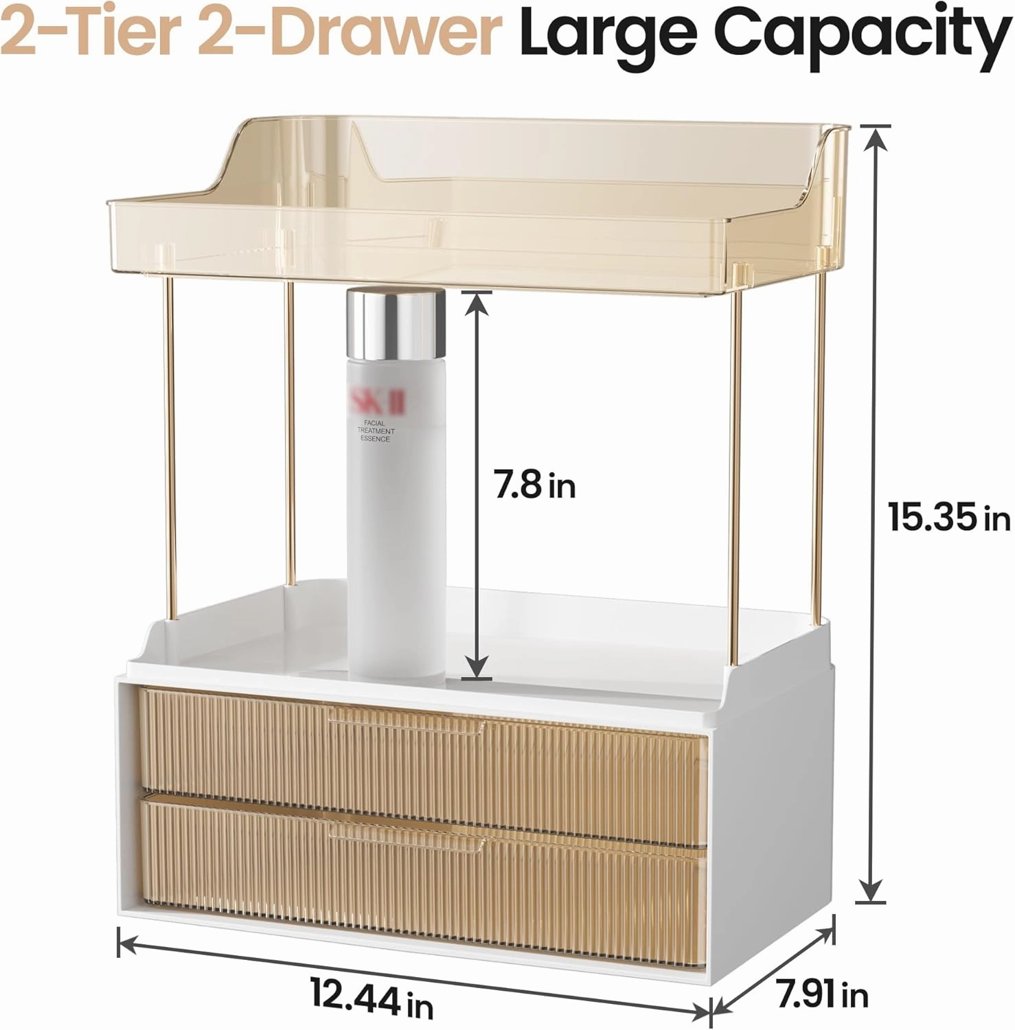 Delamu Bathroom Organizers and Storage, 2-Tier 2-Drawer Makeup Organizer Countertop, Easy to Install, Ideal for Bathroom Storage, Vanity, Large Skincare, Perfume, Present, and More, Amber