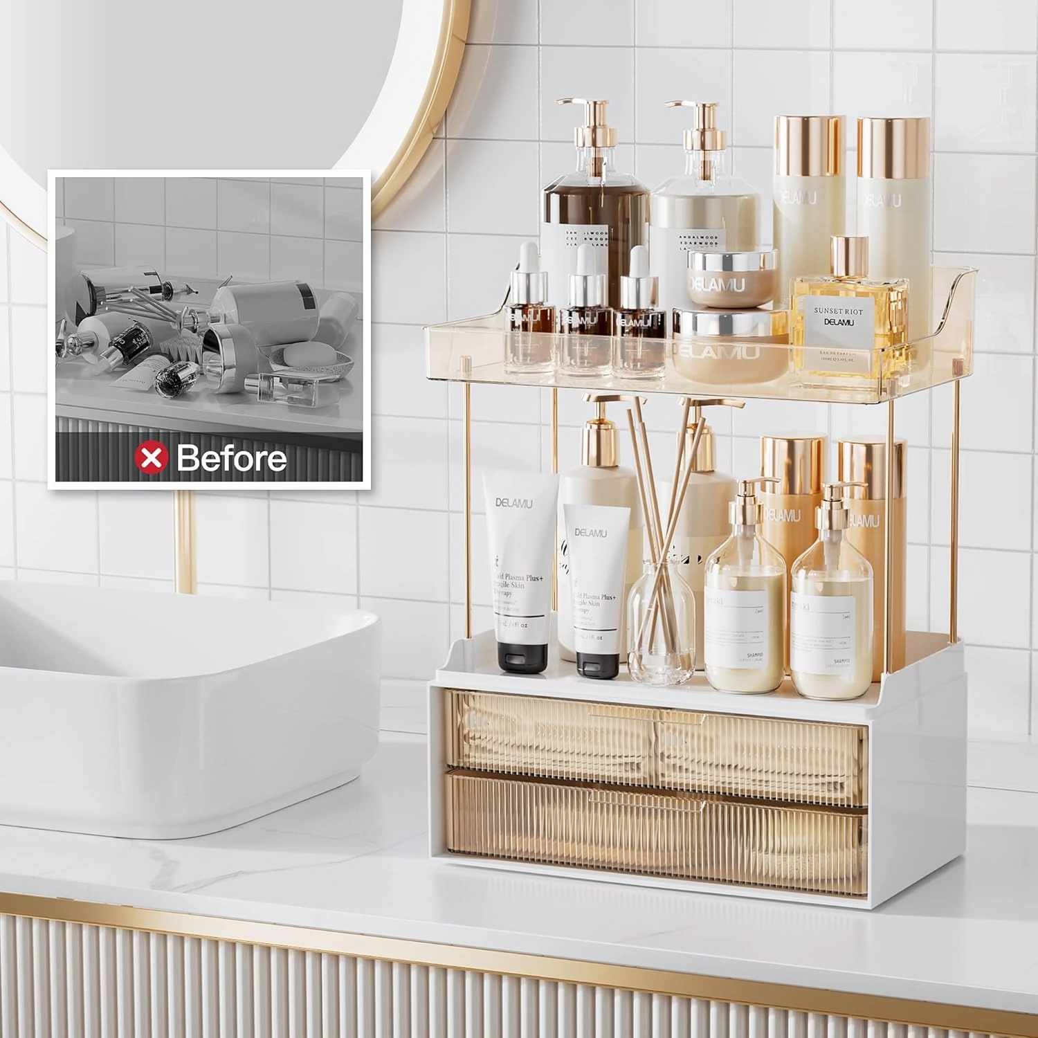 Delamu Bathroom Organizers and Storage, 2-Tier 2-Drawer Makeup Organizer Countertop, Easy to Install, Ideal for Bathroom Storage, Vanity, Large Skincare, Perfume, Present, and More, Amber