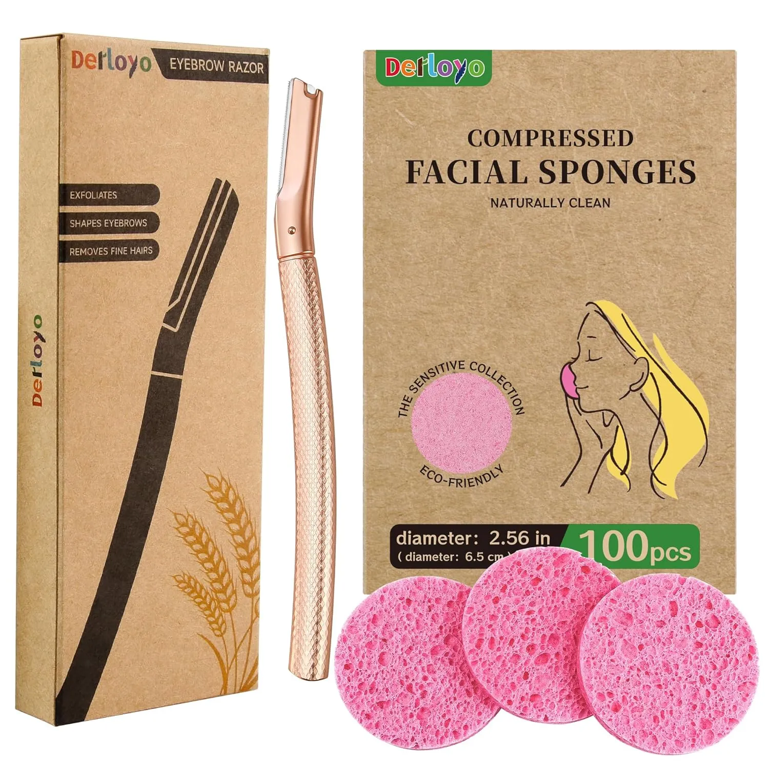 Dermaplaning Razor & Compressed Facial Sponges Set - Exfoliate, Cleanse & 12 Blades   100-Count Facial Sponges for Smooth Skin & Makeup