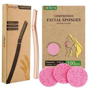 Dermaplaning Razor & Compressed Facial Sponges Set - Exfoliate, Cleanse & 12 Blades   100-Count Facial Sponges for Smooth Skin & Makeup
