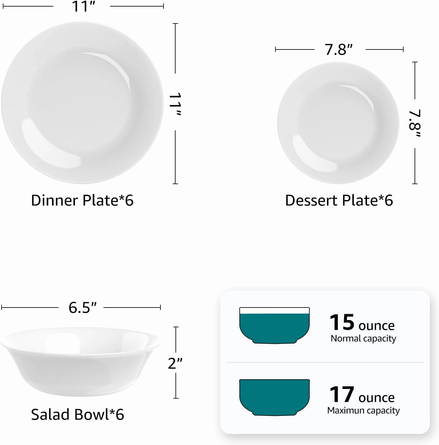 Dinnerware Set, HomeElves 18-PCS Kitchen Opal Dishes Set Service for 6, Lightweight Glass Plates and Bowls Set, Break and Chip Resistant, Safety for Microwave & Dishwasher, Round