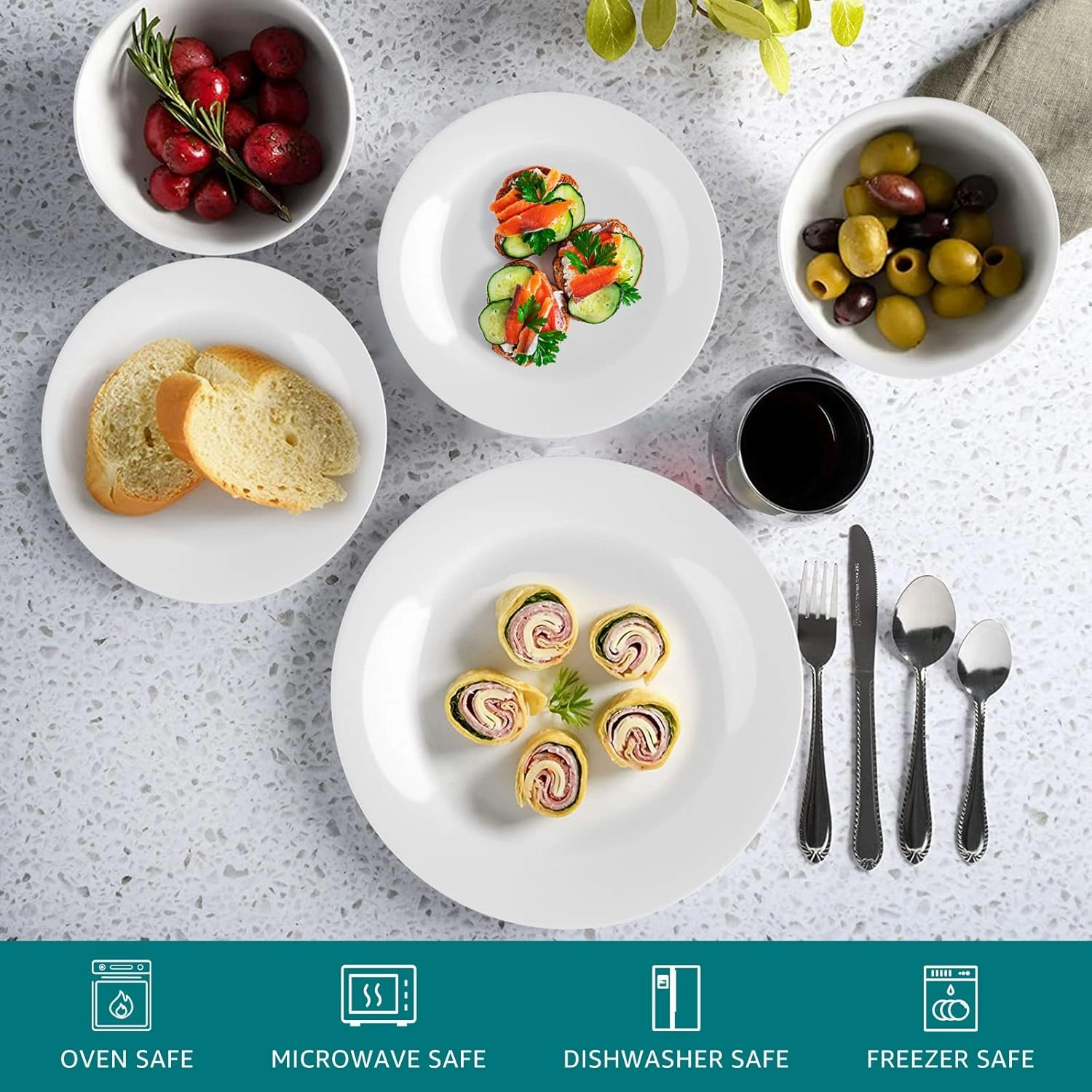 Dinnerware Set, HomeElves 18-PCS Kitchen Opal Dishes Set Service for 6, Lightweight Glass Plates and Bowls Set, Break and Chip Resistant, Safety for Microwave & Dishwasher, Round