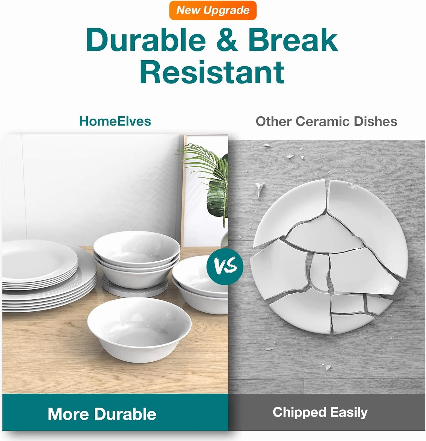 Dinnerware Set, HomeElves 18-PCS Kitchen Opal Dishes Set Service for 6, Lightweight Glass Plates and Bowls Set, Break and Chip Resistant, Safety for Microwave & Dishwasher, Round