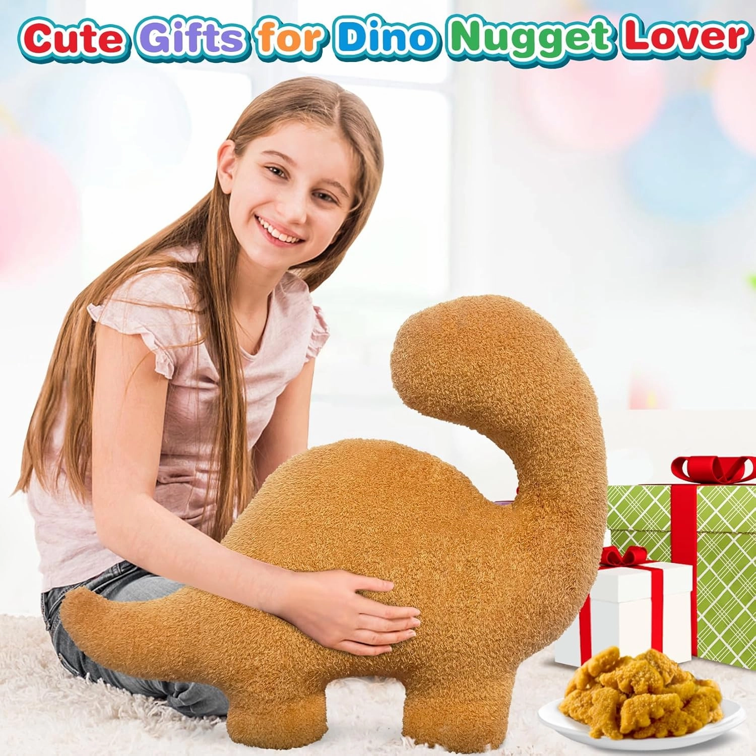 Dino Nuggets Pillow, Chicken Dinosaur Nuggets Plush Funny Gifts for Teen Boys Girls, Fun Throw Pillows Cute Room Decor for Teens Dinosaur Gifts (Large, Brontosaurus Style 2)