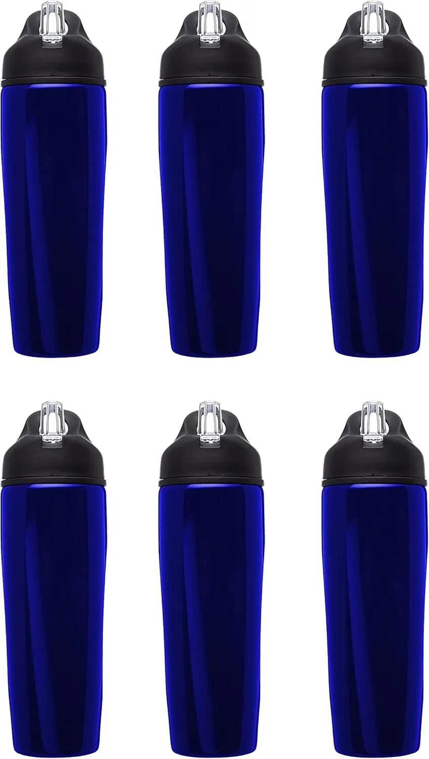 DISCOUNT PROMOS Stainless Steel Bulk Reusable Water Bottle, 6 Pack, 28.5 oz BPA Free Sports Team Bottles with Lid and Flip-up Straw, Spill Proof Bulk Pack Water Bottles with Straw, Blue