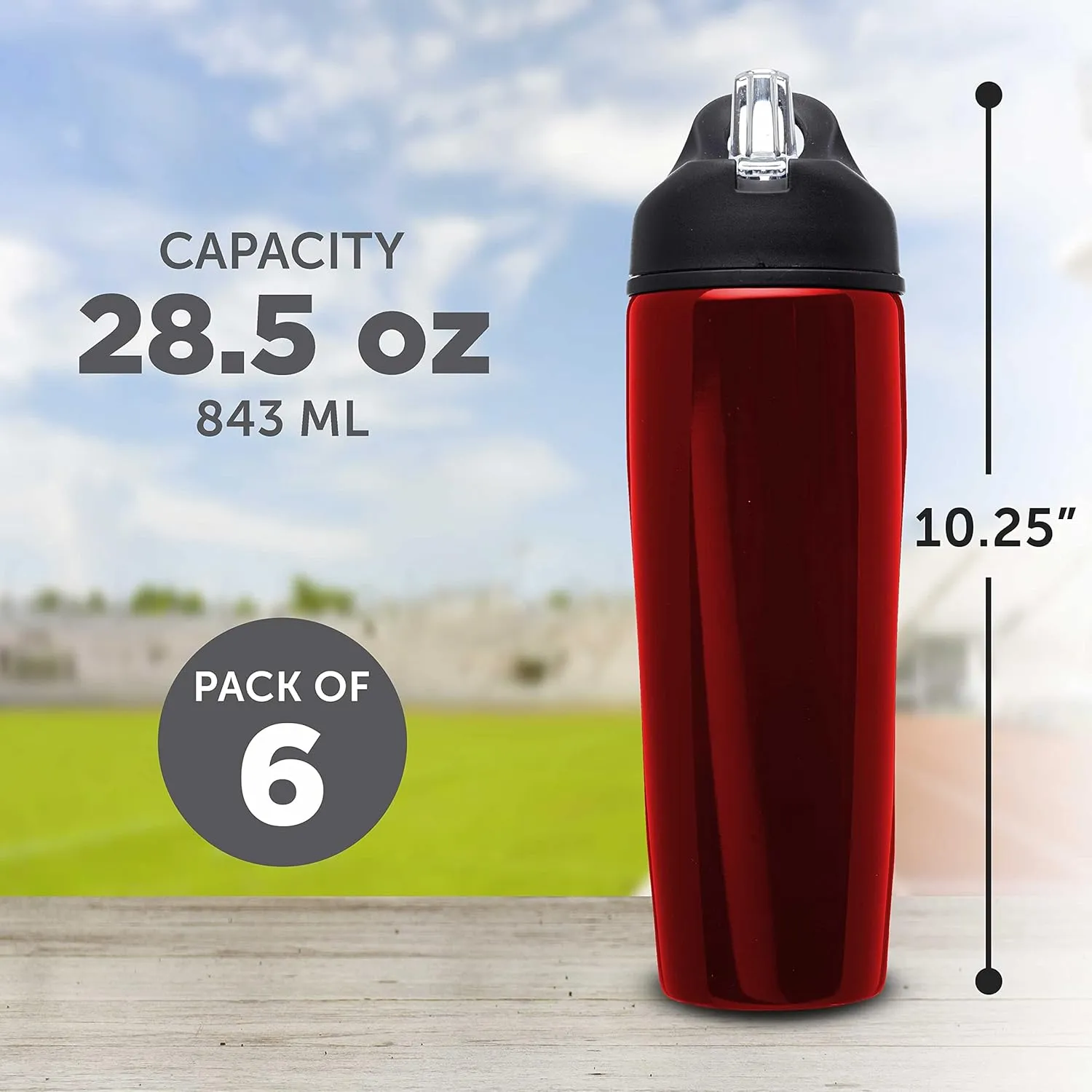 DISCOUNT PROMOS Stainless Steel Bulk Reusable Water Bottle, 6 Pack, 28.5 oz BPA Free Sports Team Bottles with Lid and Flip-up Straw, Spill Proof Bulk Pack Water Bottles with Straw, Red