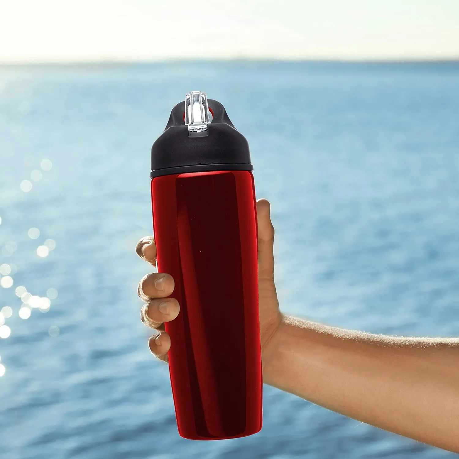 DISCOUNT PROMOS Stainless Steel Bulk Reusable Water Bottle, 6 Pack, 28.5 oz BPA Free Sports Team Bottles with Lid and Flip-up Straw, Spill Proof Bulk Pack Water Bottles with Straw, Red
