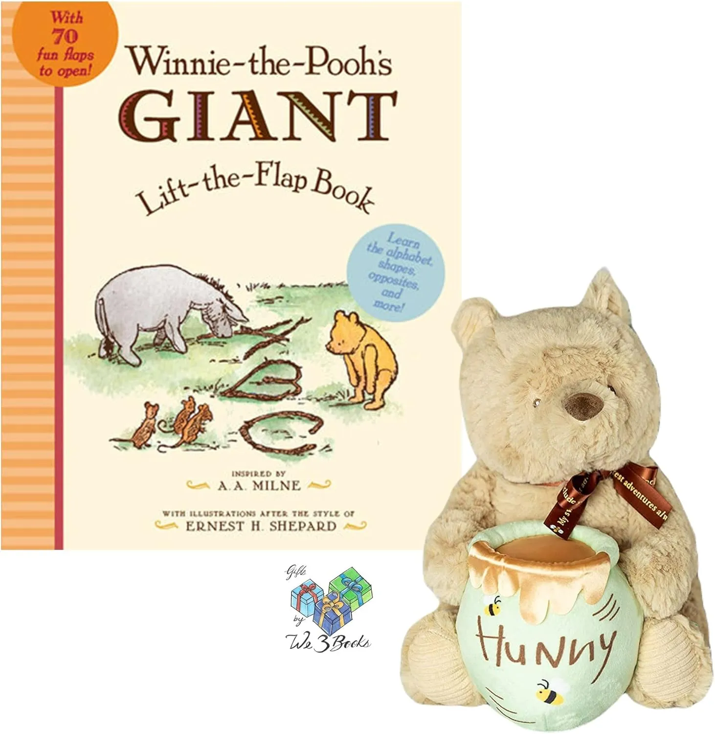 Disney Baby Winnie The Pooh Stuffed Animal Musical Gift Set Includes Classic Pooh Bear Musical Plush, Giant Lift The Flap Board Book, and Gift Book Bag (Music, Shapes, Colors, Numbers, Letters, Time)