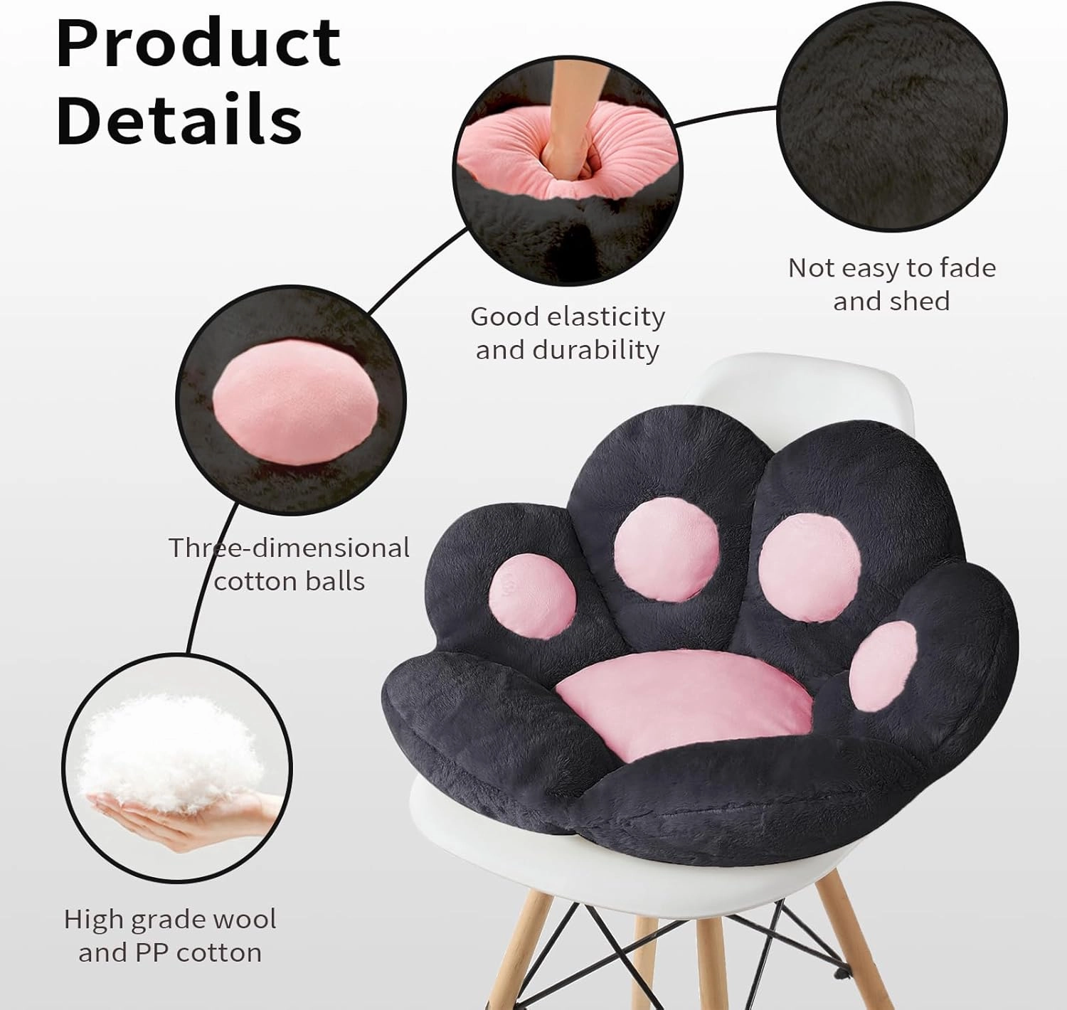 Ditucu Cat Paw Cushion Kawaii Chair Cushions 27.5 x 23.6 inch Cute Stuff Seat Pad Comfy Lazy Sofa Office Floor Pillow for Gaming Chairs Room Decor Black