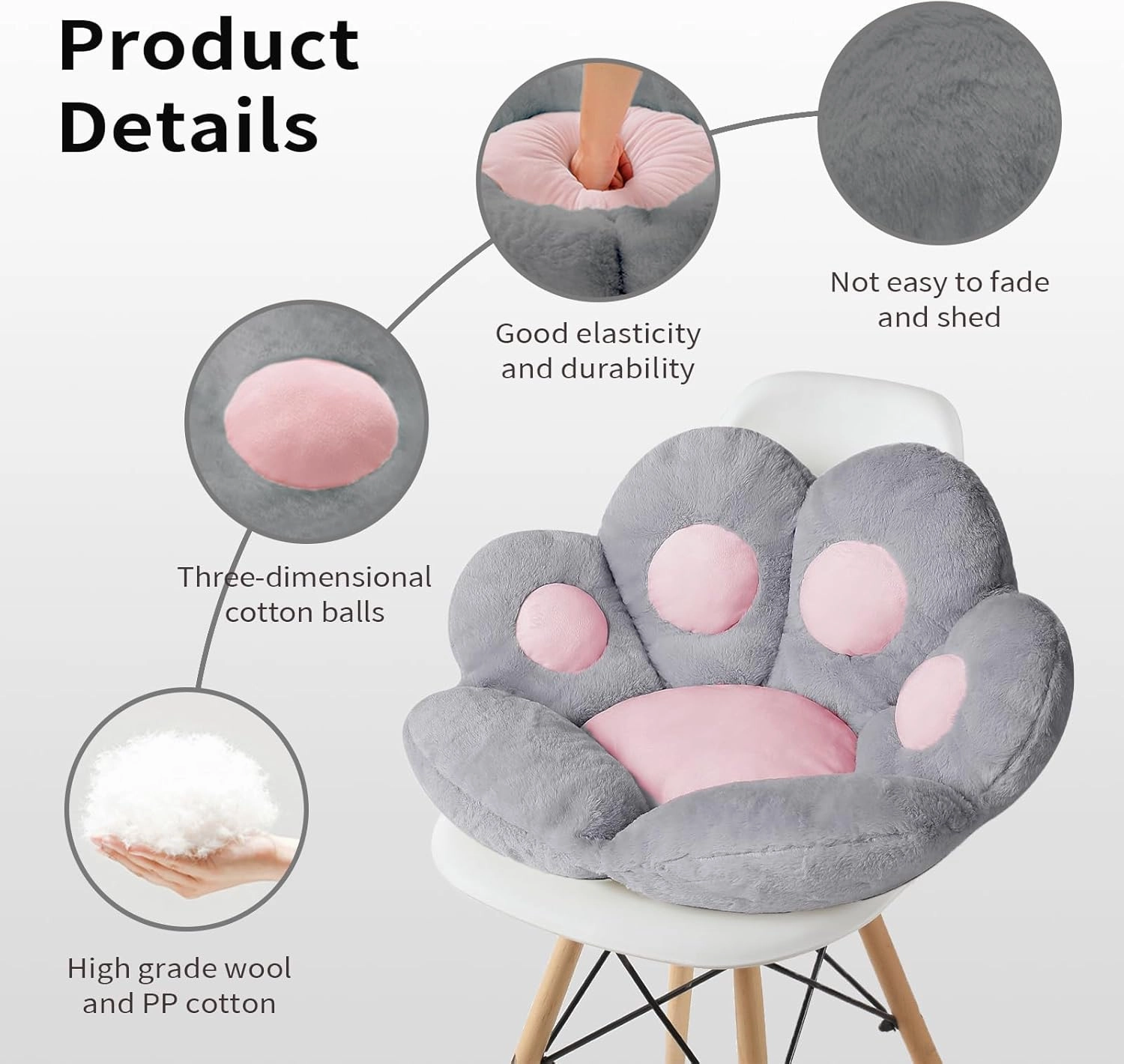 Ditucu Cat Paw Cushion Kawaii Chair Cushions 27.5 x 23.6 inch Cute Stuff Seat Pad Comfy Lazy Sofa Office Floor Pillow for Gaming Chairs Room Decor Grey