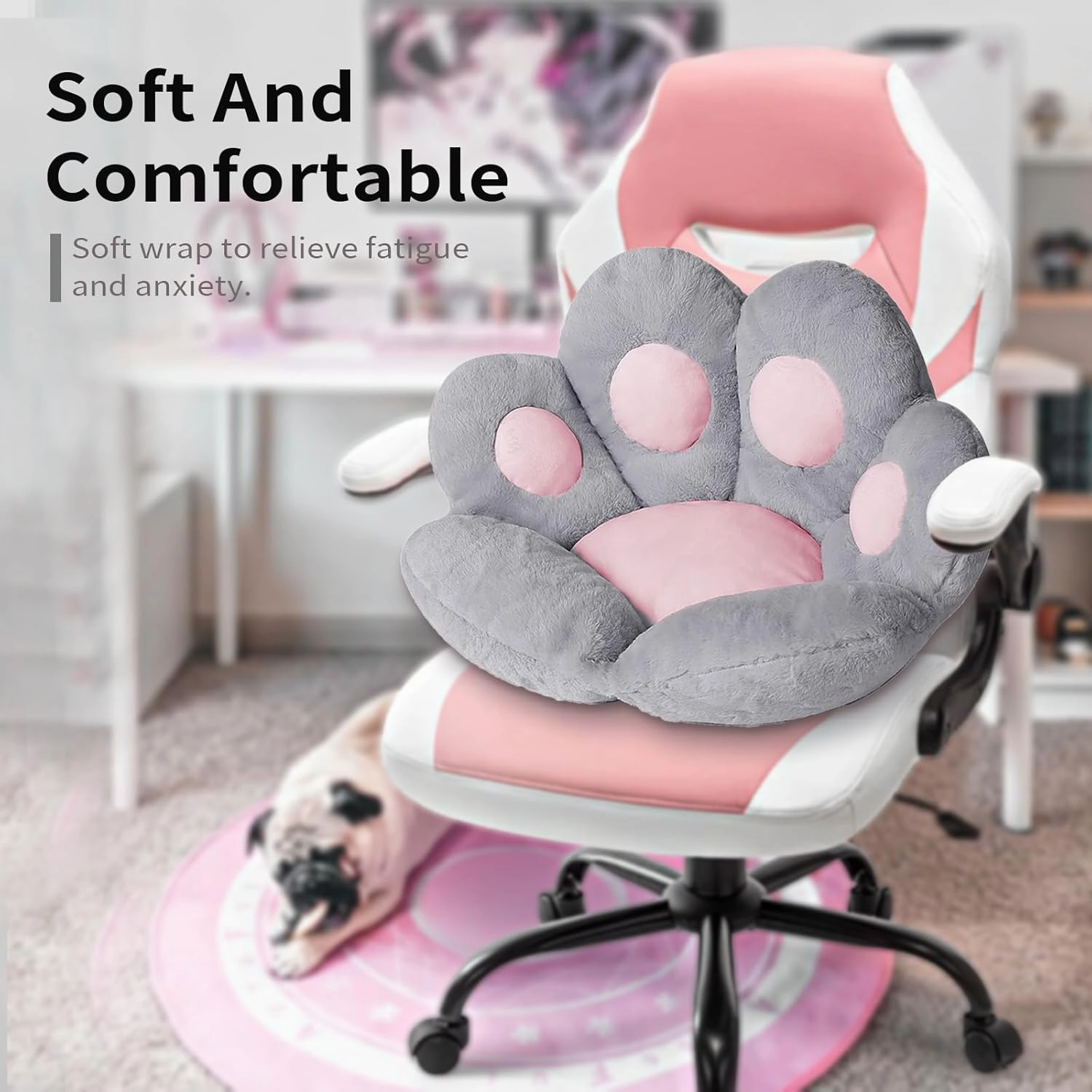 Ditucu Cat Paw Cushion Kawaii Chair Cushions 27.5 x 23.6 inch Cute Stuff Seat Pad Comfy Lazy Sofa Office Floor Pillow for Gaming Chairs Room Decor Grey