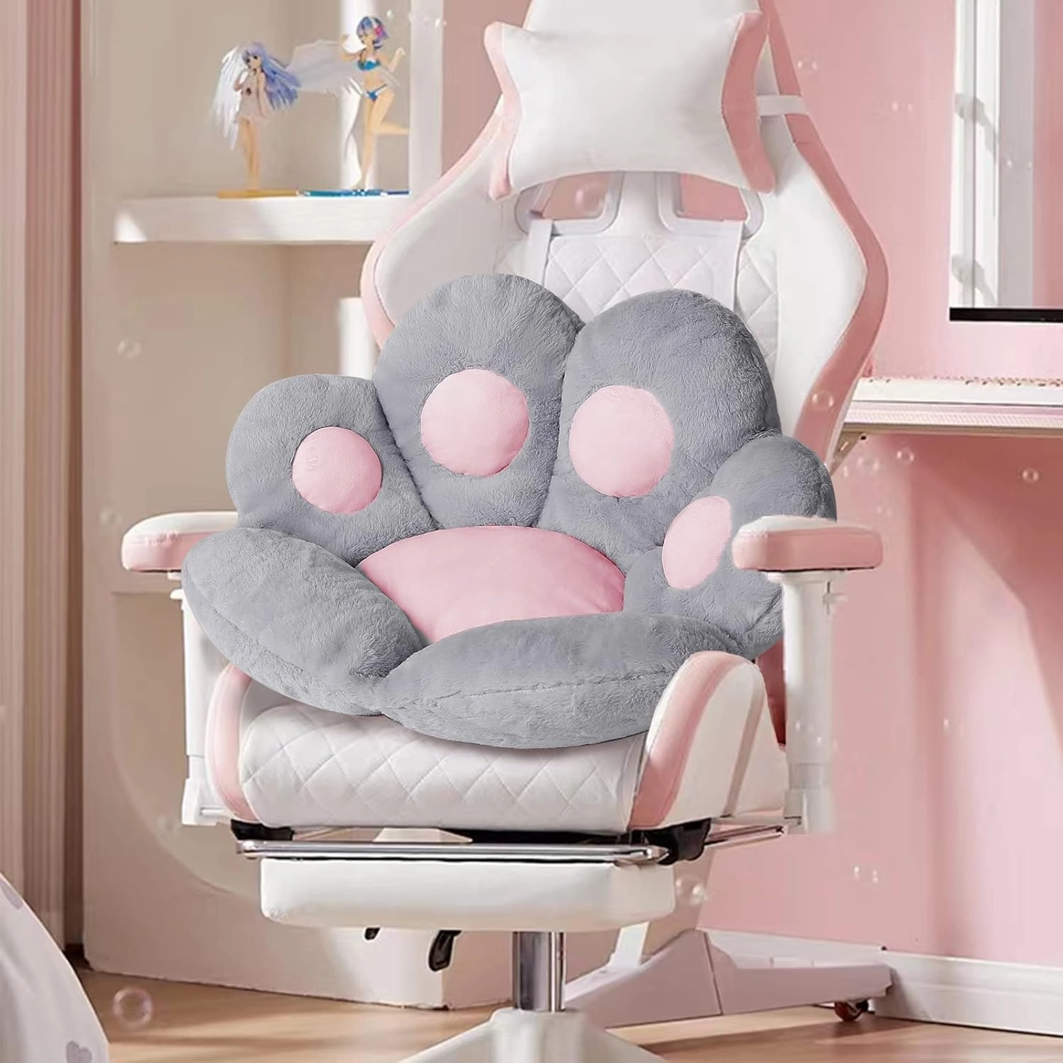 Ditucu Cat Paw Cushion Kawaii Chair Cushions 27.5 x 23.6 inch Cute Stuff Seat Pad Comfy Lazy Sofa Office Floor Pillow for Gaming Chairs Room Decor Grey