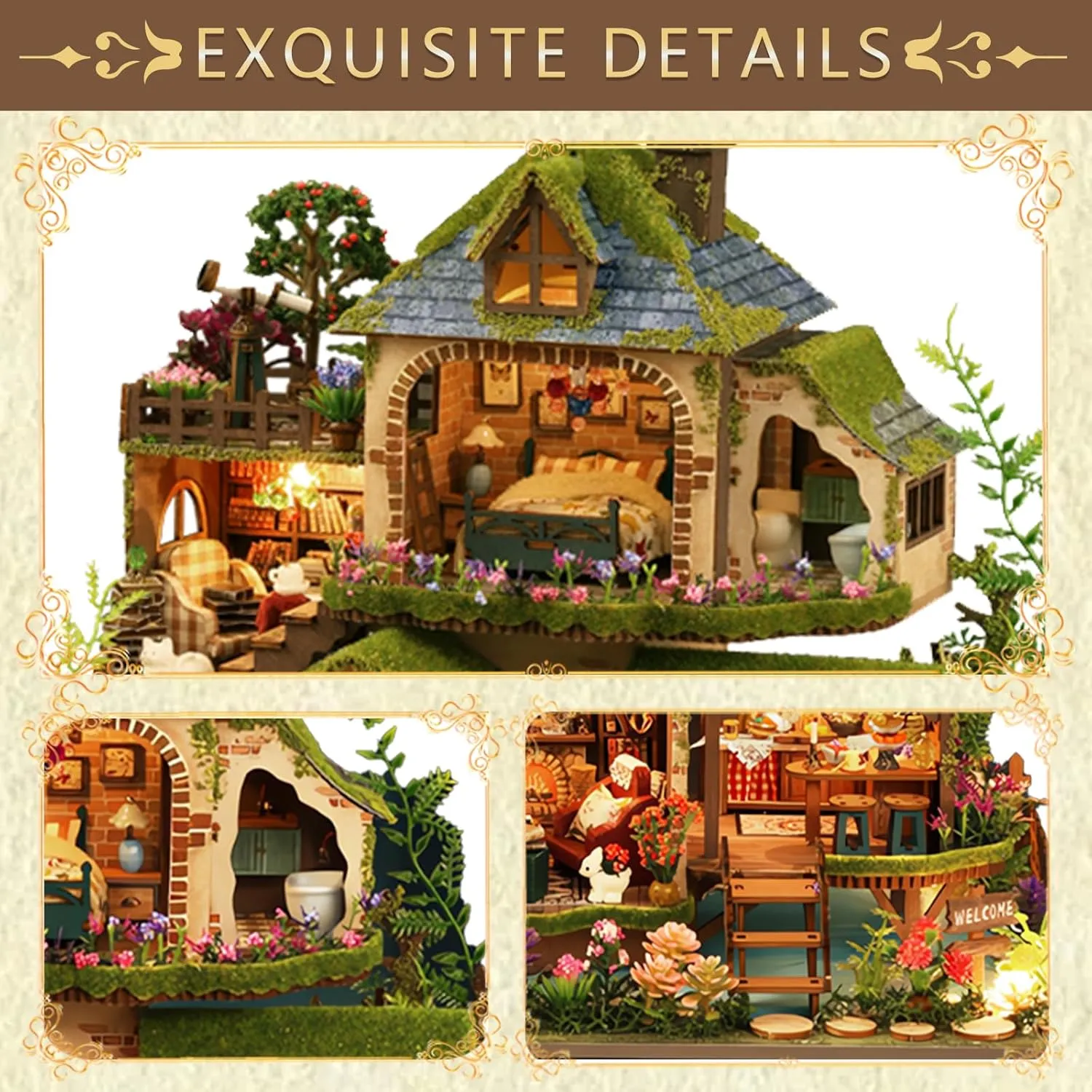 DIY Miniature House Kit, Mini House Building Kit with LED, DIY Miniature Kit for Adults Teen, Dollhouse Kit, Forest Adventure