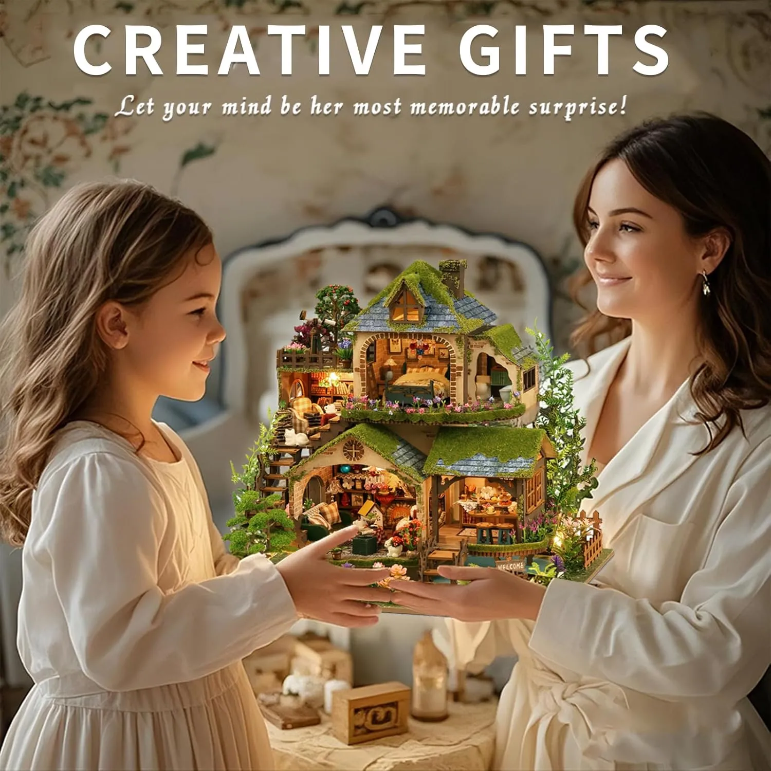 DIY Miniature House Kit, Mini House Building Kit with LED, DIY Miniature Kit for Adults Teen, Dollhouse Kit, Forest Adventure