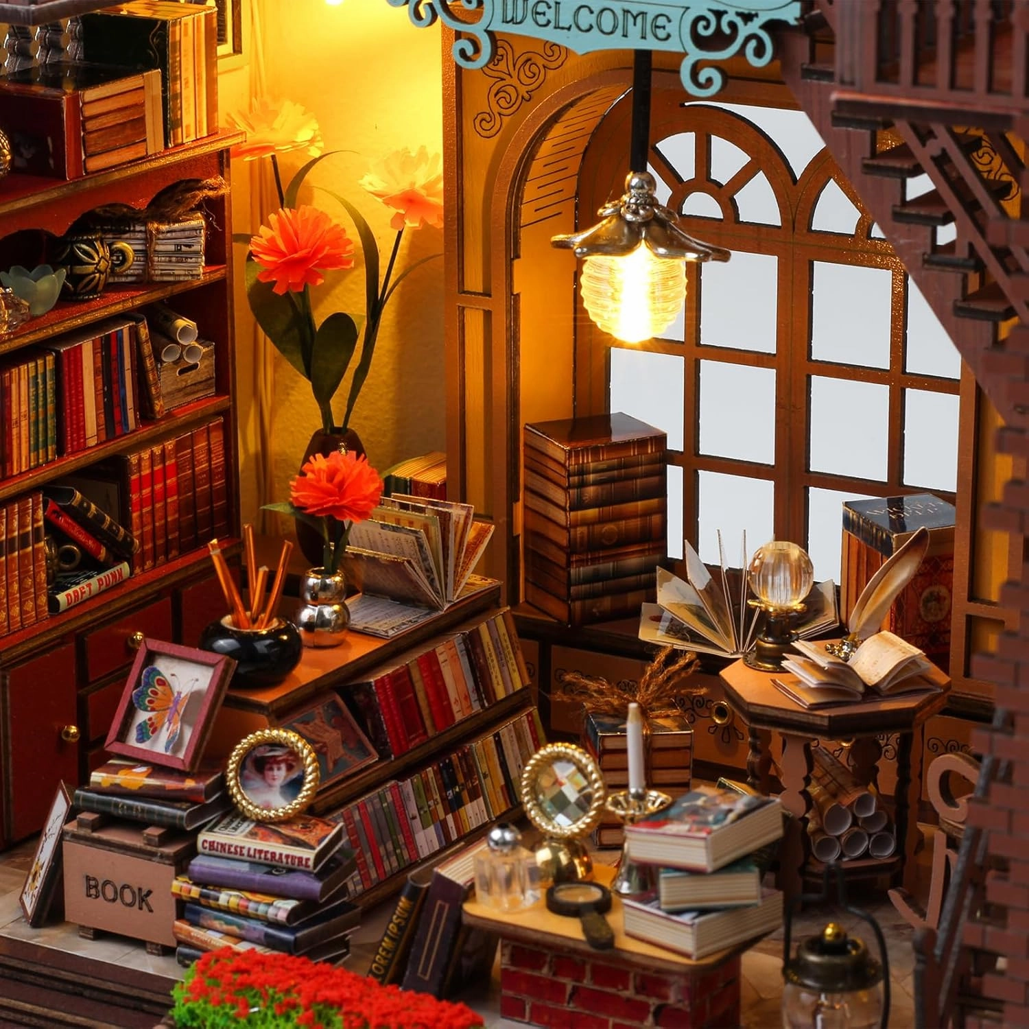 DIY Book Nook Kits - Dollhouse Booknook, Book Nook Miniature Kit for Bookshelf Insert Decor Crafts for Adults - Bookends Model Building Kit - Creativity Kit with LED Light - Magic House