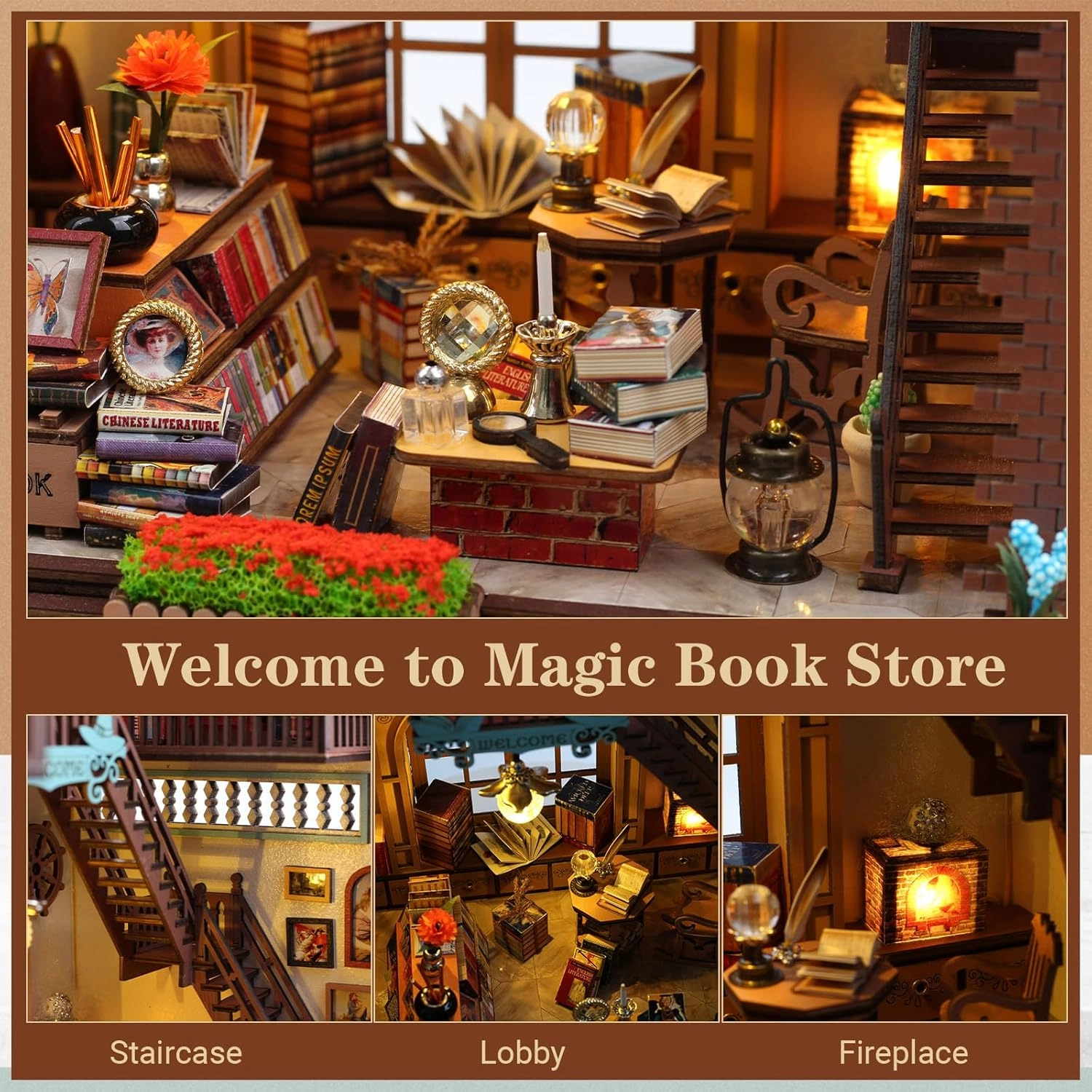 DIY Book Nook Kits - Dollhouse Booknook, Book Nook Miniature Kit for Bookshelf Insert Decor Crafts for Adults - Bookends Model Building Kit - Creativity Kit with LED Light - Magic House
