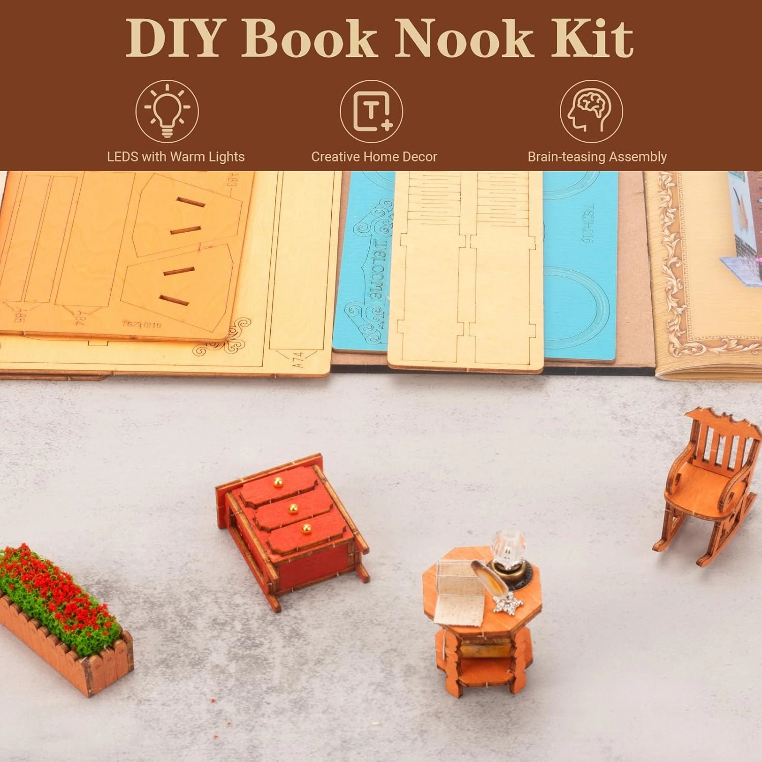 DIY Book Nook Kits - Dollhouse Booknook, Book Nook Miniature Kit for Bookshelf Insert Decor Crafts for Adults - Bookends Model Building Kit - Creativity Kit with LED Light - Magic House