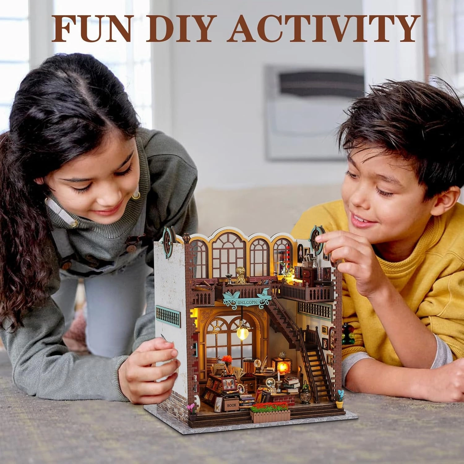 DIY Book Nook Kits - Dollhouse Booknook, Book Nook Miniature Kit for Bookshelf Insert Decor Crafts for Adults - Bookends Model Building Kit - Creativity Kit with LED Light - Magic House