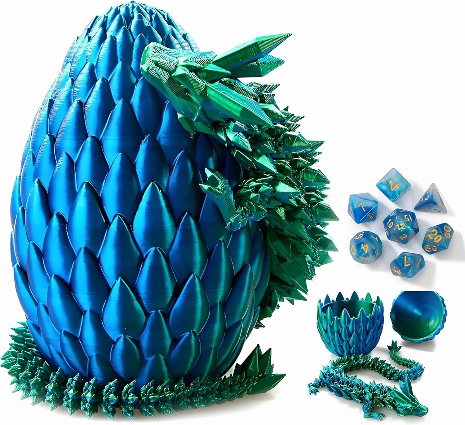 DND Dice Set, 7pcs Polyhedral Dice with 3D Dragon Egg Shell, Portable Dungeons and Dragons Dice with Organizer Bag for RPG/MTG (Blue&Green)