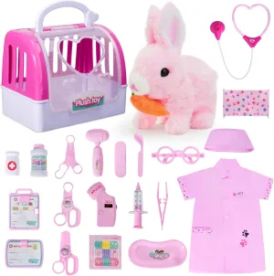 Doctor Kit for Girls -Vet Play Sets for Kids, Pretend Play Doctor Set with Pet Cage and Bunny Toy, Doctor Play Gift for Kids Toddlers Ages 3 4 5 6 Year Old for Role Play (Pink Bunny)
