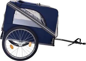 Dog Bike Trailer Mesh Pet Cart with Three Entrances, Safety Flag and Reflectors, Folding Carrier with 20-Inch Wheels, Blue-Gray