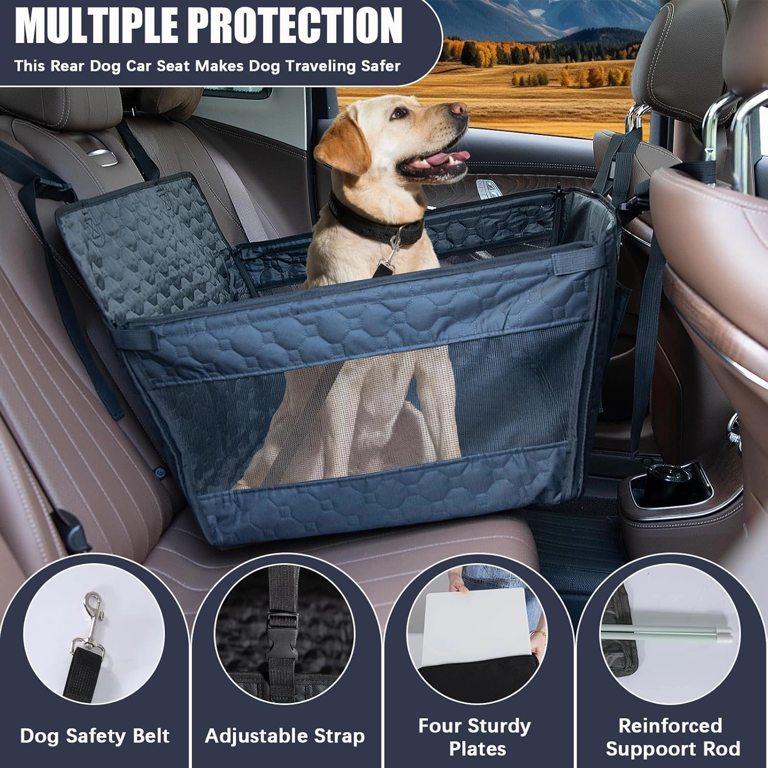 Dog Car Seat for Large Medium Dogs, Dog Car Seat Cover for Back Seat, Foldable Pet CarSeat with Safety Belt, Waterproof Fabric & Breathable Mesh, Back Seat Cover for Dogs Under 40lbs (Large, Black)