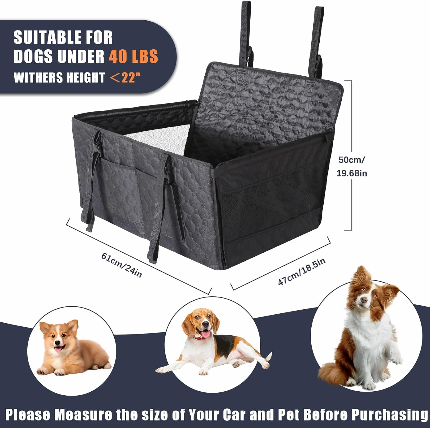 Dog Car Seat for Large Medium Dogs, Dog Car Seat Cover for Back Seat, Foldable Pet CarSeat with Safety Belt, Waterproof Fabric & Breathable Mesh, Back Seat Cover for Dogs Under 40lbs (Large, Black)