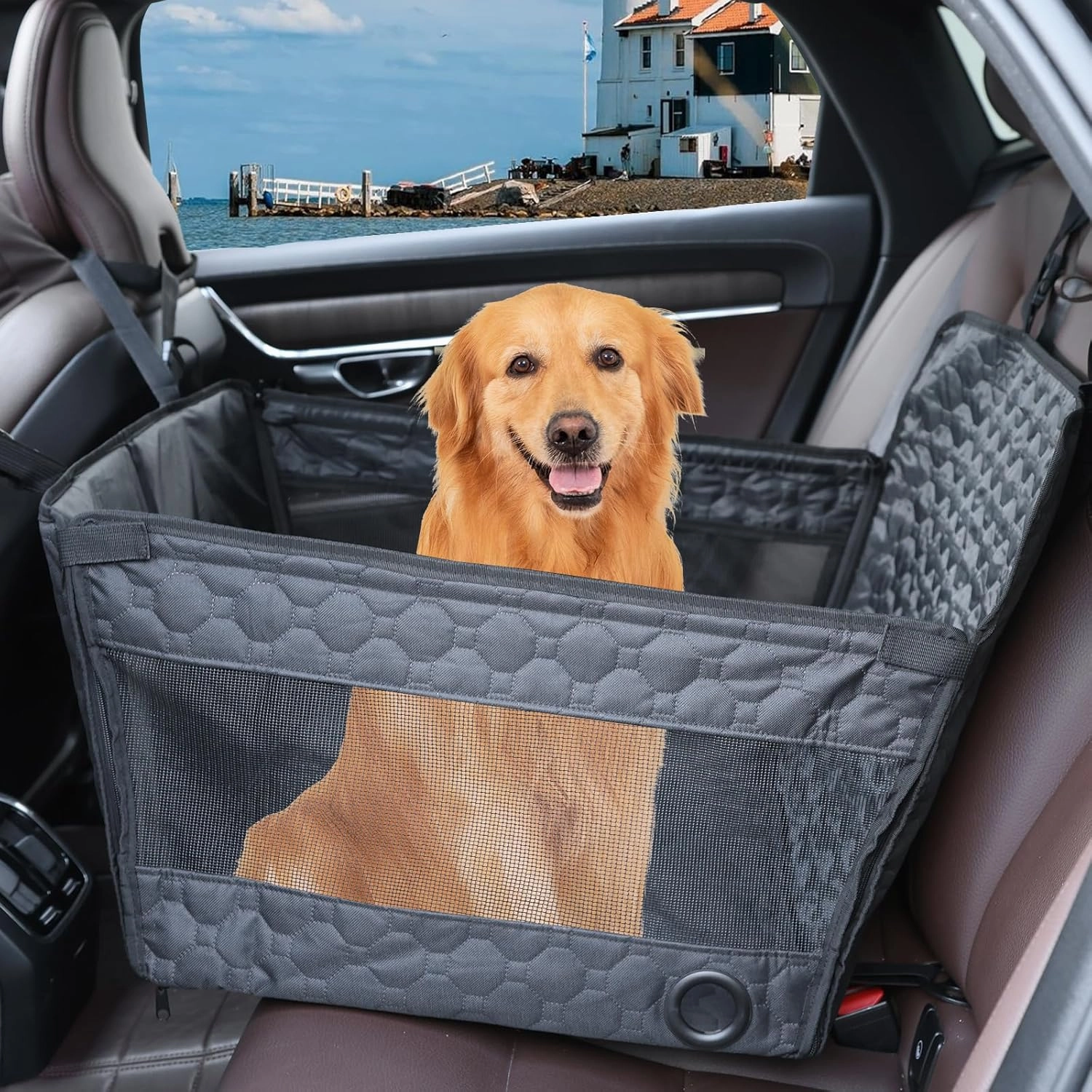 Dog Car Seat for Large Medium Dogs, Dog Car Seat Cover for Back Seat, Foldable Pet CarSeat with Safety Belt, Waterproof Fabric & Breathable Mesh, Back Seat Cover for Dogs Under 40lbs (Large, Black)
