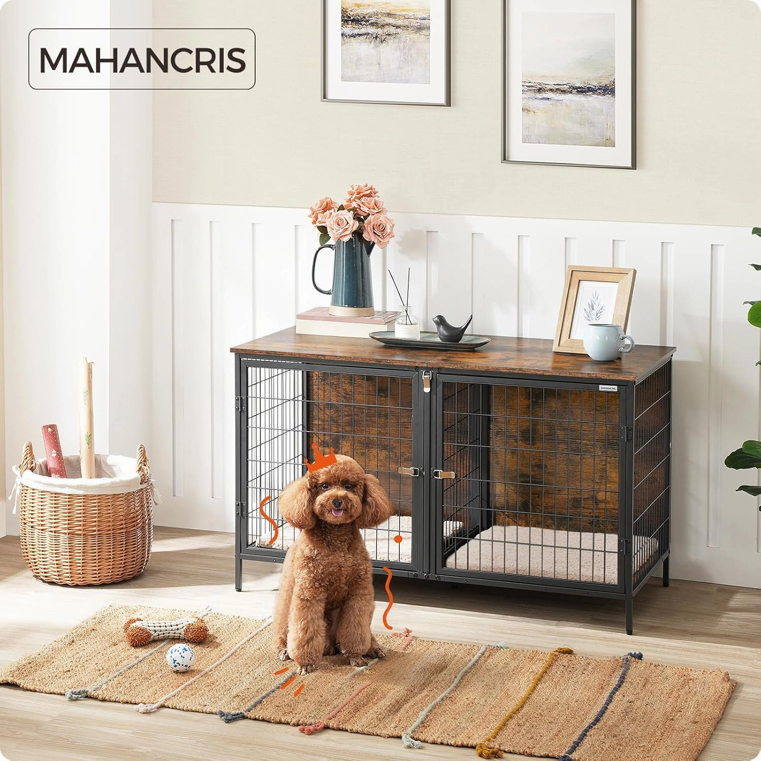 Dog Crate Furniture for 2 Dogs, 43.3" Dog Kennel with Removable Divider, Heavy Sturdy Dog Furniture Style Double Cage for Small Medium Dog, Indoor Pet House End Table, Rustic Brown DCHR1201