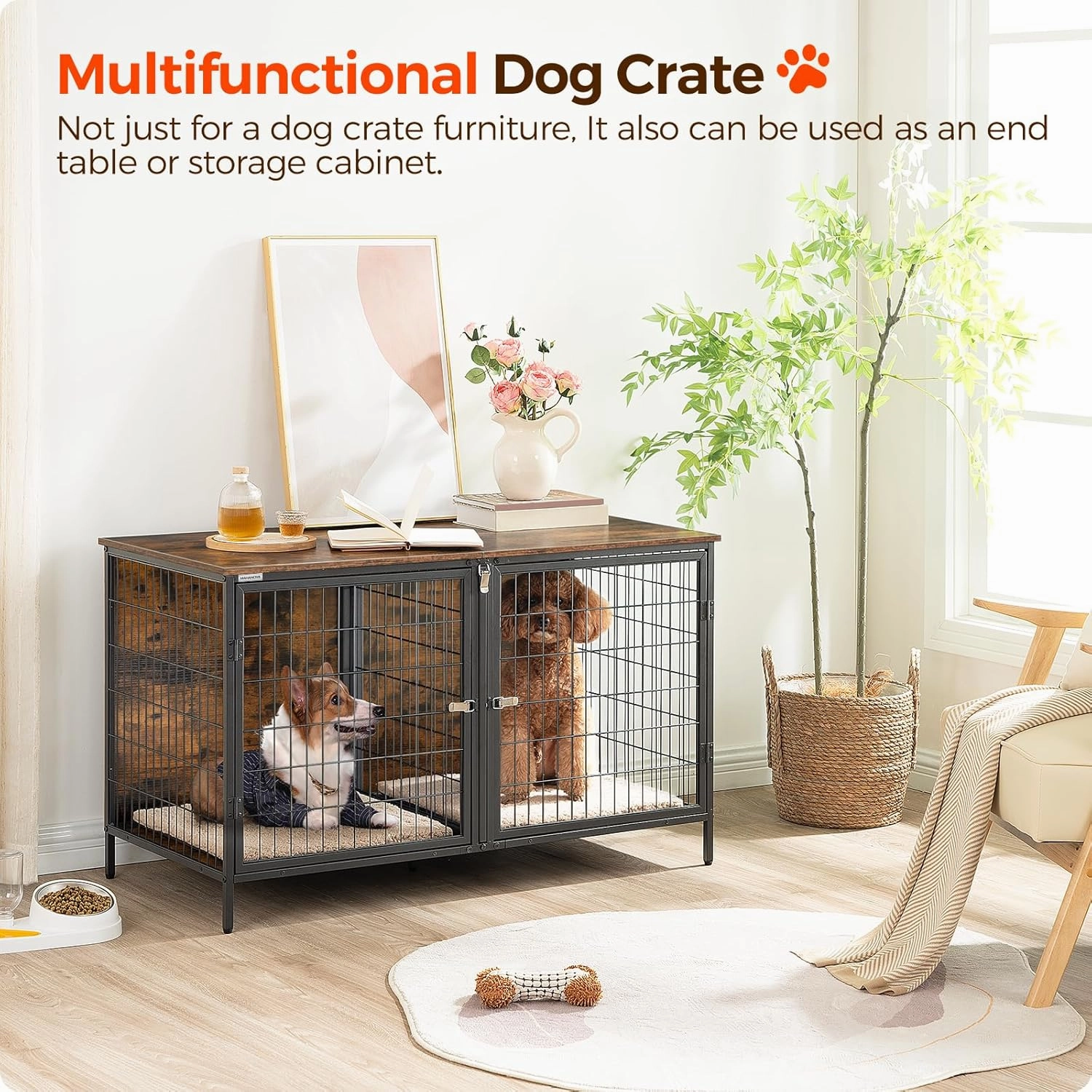 Dog Crate Furniture for 2 Dogs, 43.3" Dog Kennel with Removable Divider, Heavy Sturdy Dog Furniture Style Double Cage for Small Medium Dog, Indoor Pet House End Table, Rustic Brown DCHR1201