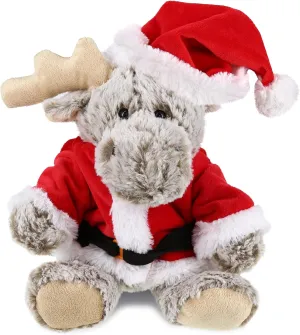 DolliBu Santa Sitting Moose Stuffed Animal Plush Toy with Hooded Sweater - Super Soft Wild Animal Dress Up with Red Santa Claus Outfit, Perfect Holiday with Name Personalization, 8 Inch