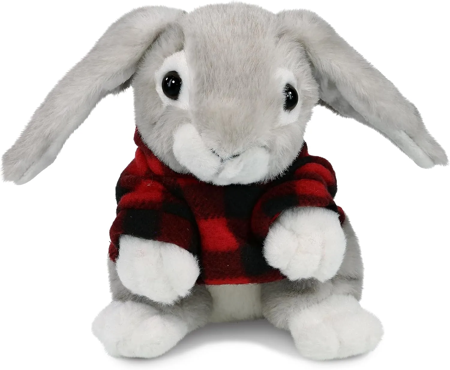 DolliBu Soft Grey Rabbit Stuffed Animal with Plaid Red Hoodie Sweater and Personalization - Rabbit Plush Lumberjack Stuffed Toy with Plaid Jacket Dress Up for Christmas, Holiday, Winter - 6.5 Inches