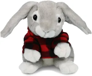 DolliBu Soft Grey Rabbit Stuffed Animal with Plaid Red Hoodie Sweater and Personalization - Rabbit Plush Lumberjack Stuffed Toy with Plaid Jacket Dress Up for Christmas, Holiday, Winter - 6.5 Inches