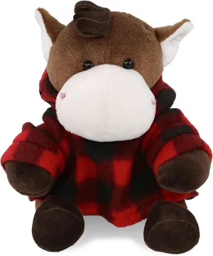 DolliBu Super Soft Horse Stuffed Animal with Plaid Red Hoodie Sweater and Personalization - Horse Plush Lumberjack Stuffed Toy with Plaid Jacket Dress Up for Christmas, Holiday, Winter - 6 Inches