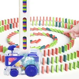 Domino Train Toy, Montessori Toys for Kids, Dominoes Automatic Creative Stacker Game with 60 Pcs Dominos, Stacking Joy and Building Fun Ideal Gift for Boys and Girls 3  Years Old (Blue)