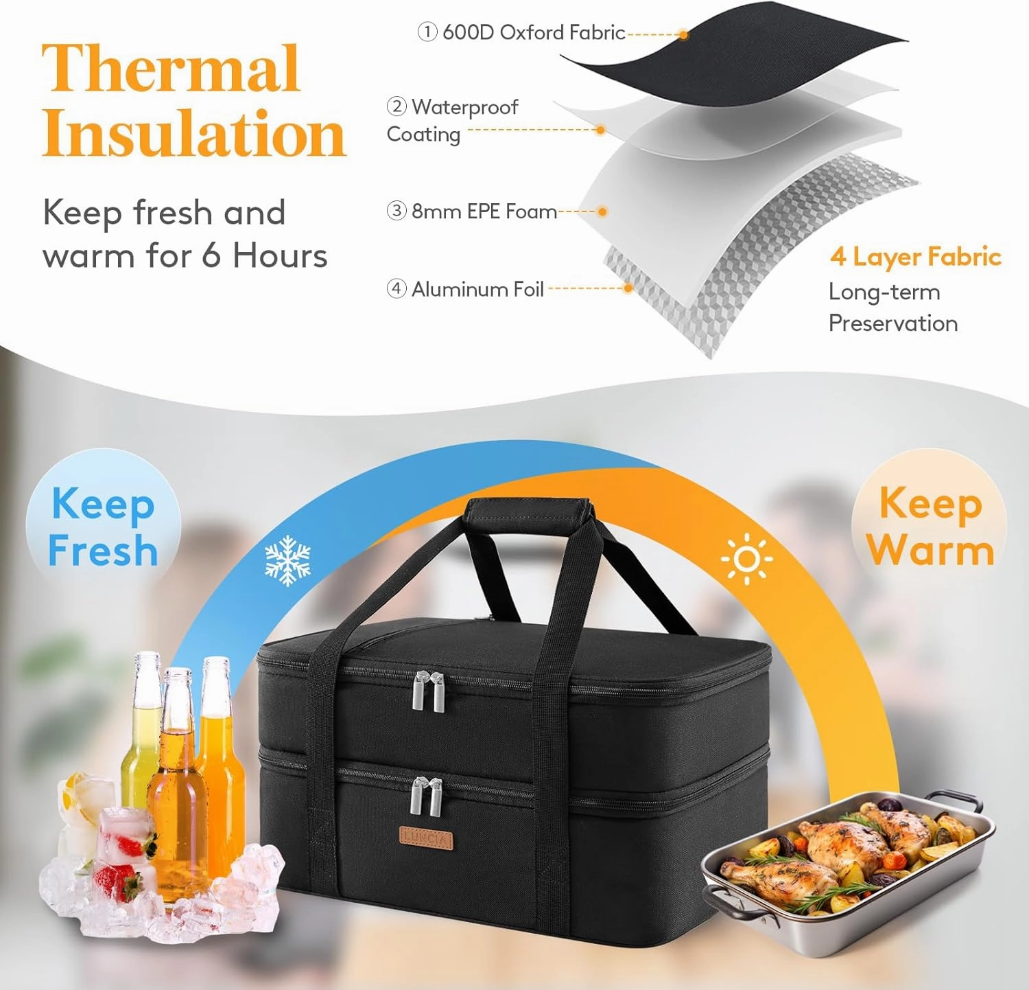 Double Decker Insulated Casserole Carrier for Hot or Cold Food, Lasagna Holder Tote for Potluck Parties/Picnic/Cookouts, Fits 9"x13" Baking Dish, Black