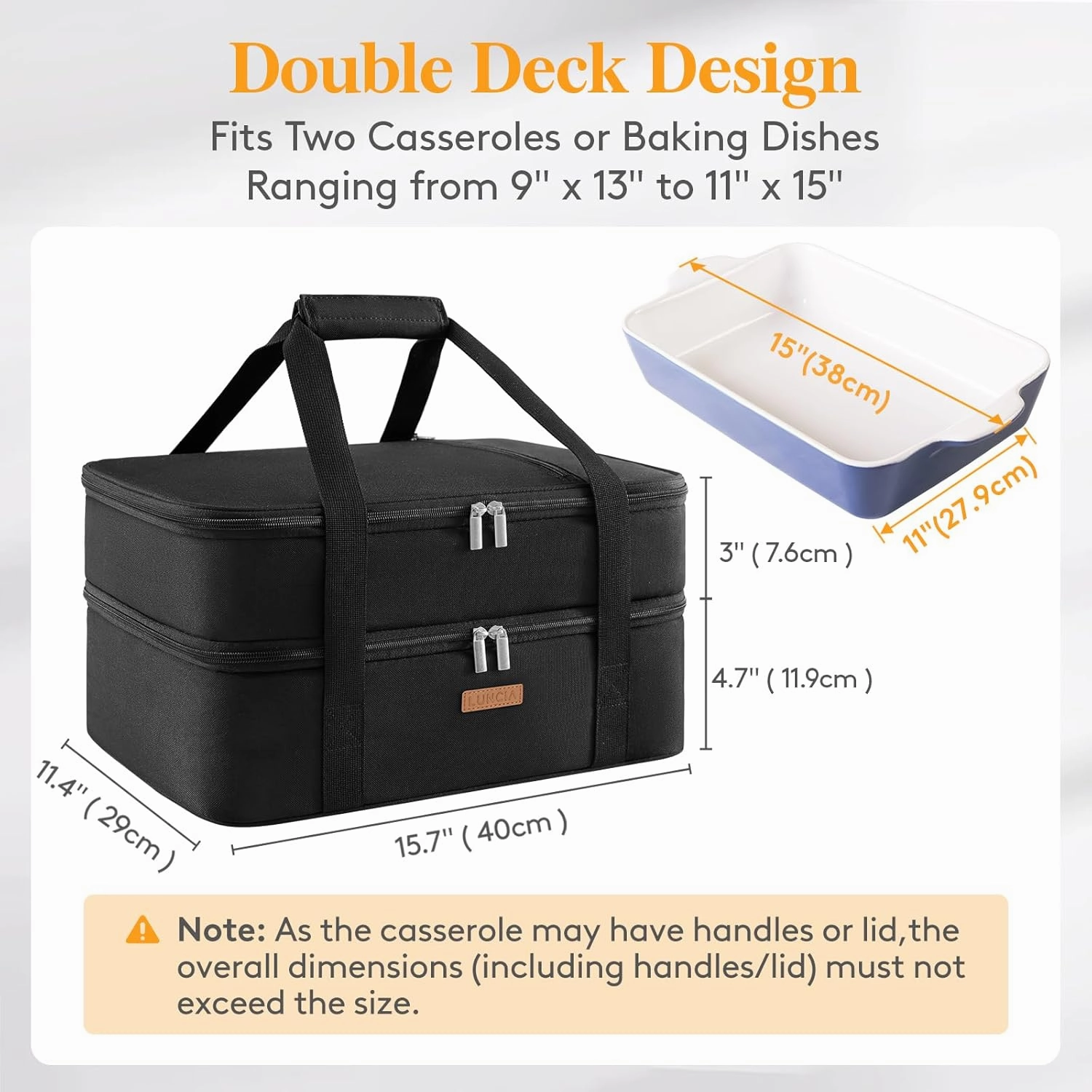 Double Decker Insulated Casserole Carrier for Hot or Cold Food, Lasagna Holder Tote for Potluck Parties/Picnic/Cookouts, Fits 9"x13" Baking Dish, Black