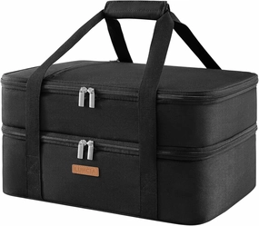 Double Decker Insulated Casserole Carrier for Hot or Cold Food, Lasagna Holder Tote for Potluck Parties/Picnic/Cookouts, Fits 9"x13" Baking Dish, Black