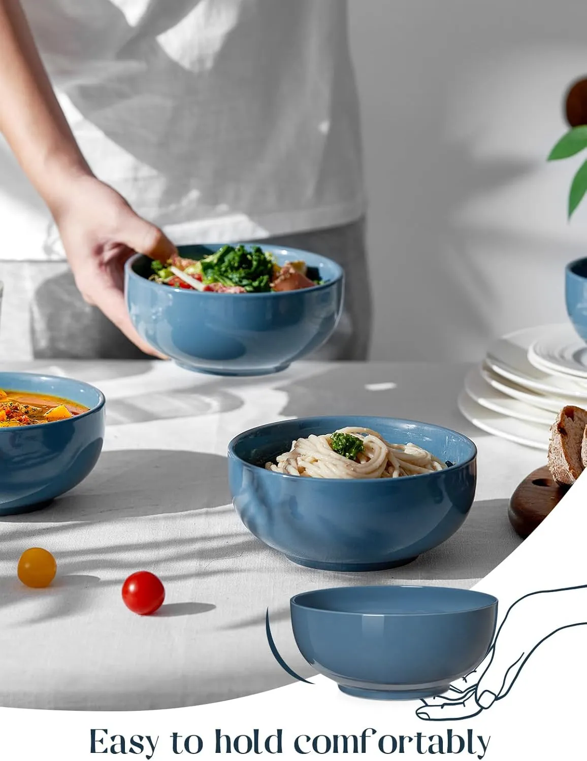 DOWAN 22 OZ Ceramic Soup Bowls & Cereal Bowls - 6" Classic Bowls Set of 4 for Soup, Cereal, Oatmeal, Fruit, Rice - Dishwasher & Microwave Safe (Airy Blue)