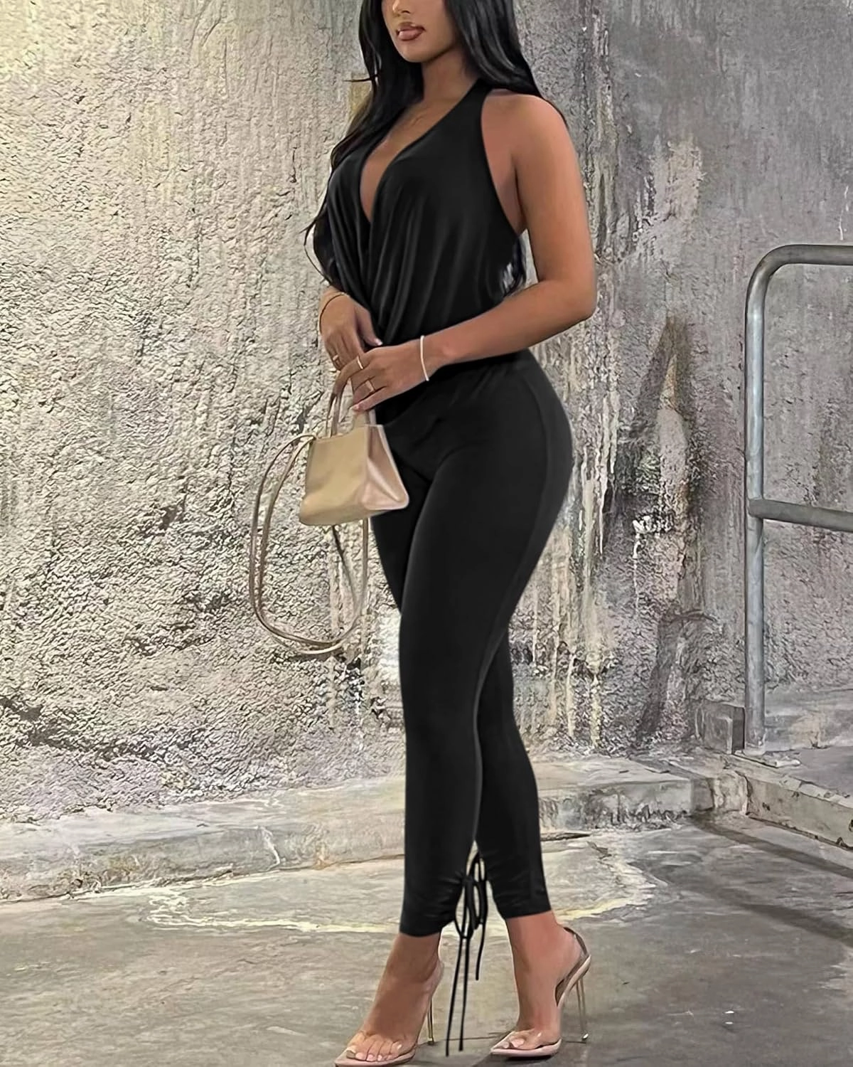 Doweha Women's Sexy Summer Two Piece Outfits Sleeveless Backless Deep V Neck Tank Tops And High Waisted Pants Matching Sets