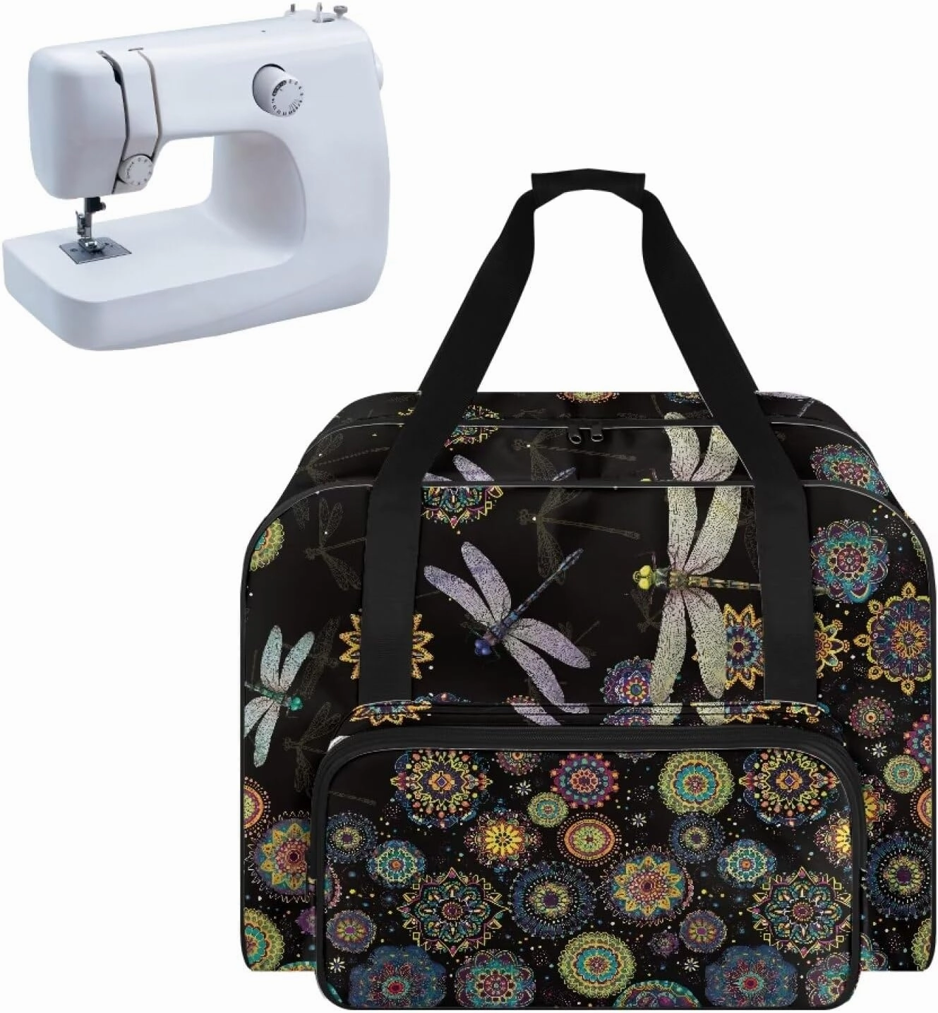 Dragonfly Mandala Sewing Machine Carrying Case Large Capacity Sewing Bag with Handle, Sewing Machine Carrier Protector Travel Bag Organizer for Most Singer, Brother Sewing Machines