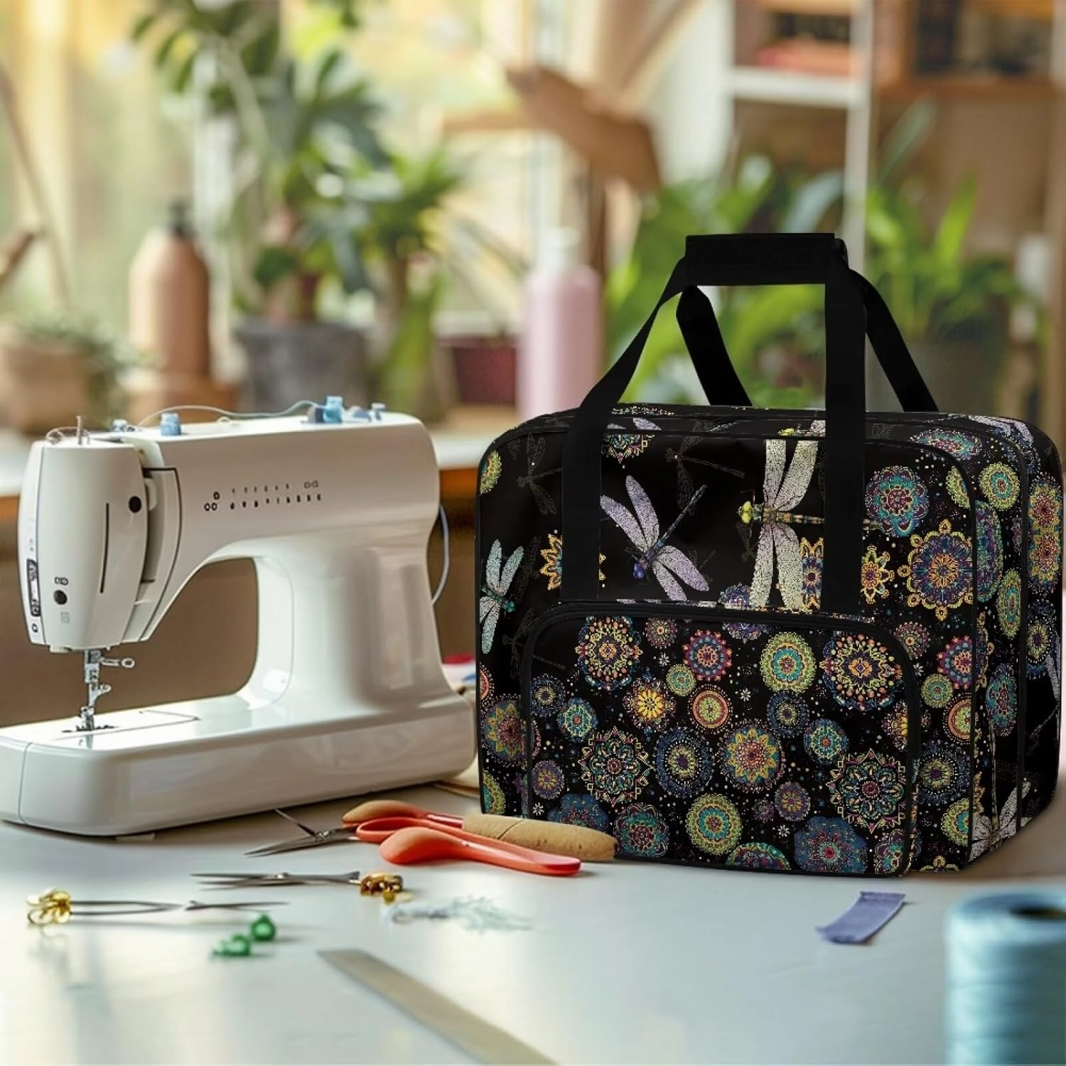 Dragonfly Mandala Sewing Machine Carrying Case Large Capacity Sewing Bag with Handle, Sewing Machine Carrier Protector Travel Bag Organizer for Most Singer, Brother Sewing Machines