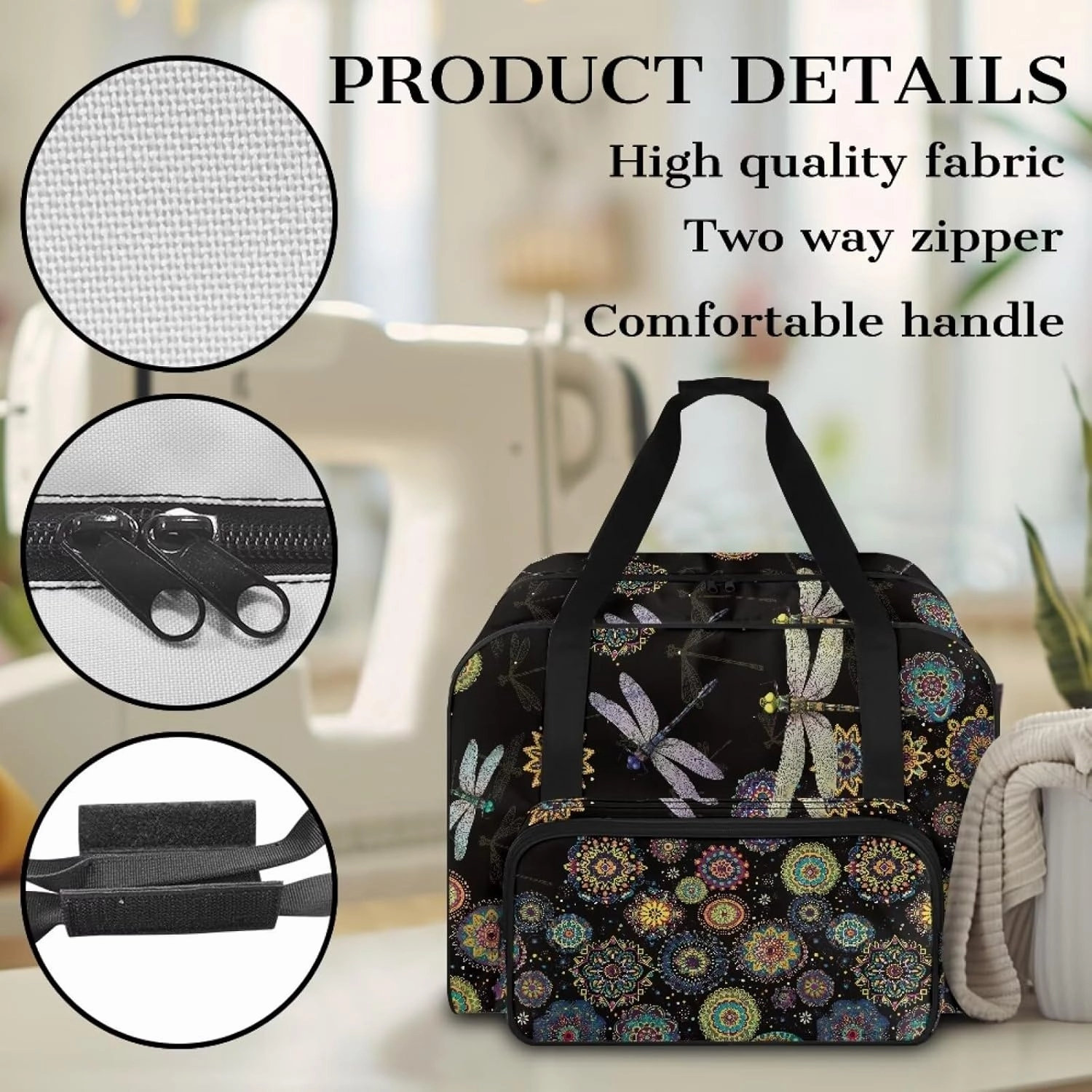 Dragonfly Mandala Sewing Machine Carrying Case Large Capacity Sewing Bag with Handle, Sewing Machine Carrier Protector Travel Bag Organizer for Most Singer, Brother Sewing Machines