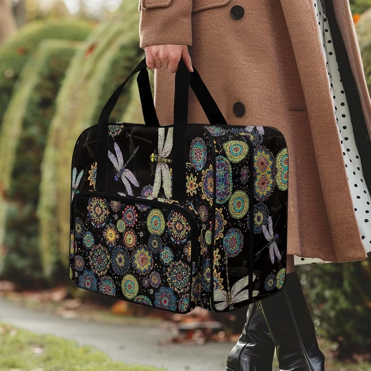 Dragonfly Mandala Sewing Machine Carrying Case Large Capacity Sewing Bag with Handle, Sewing Machine Carrier Protector Travel Bag Organizer for Most Singer, Brother Sewing Machines
